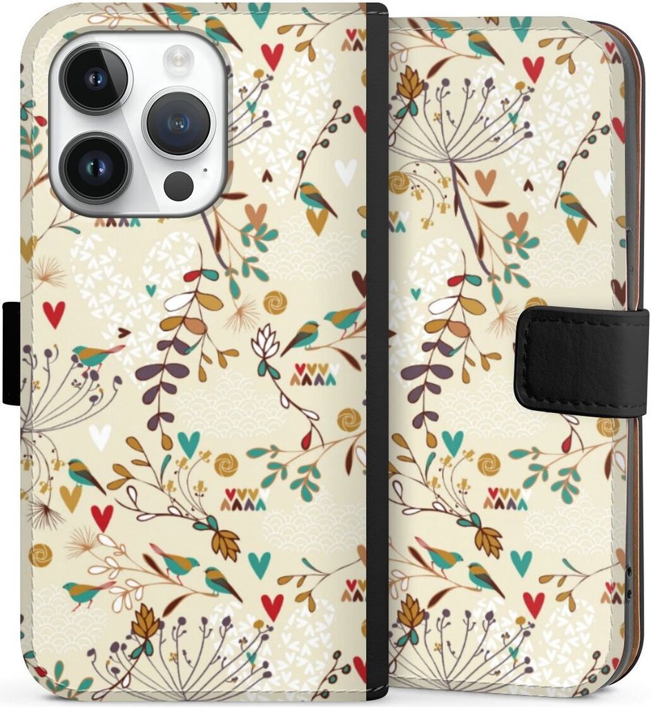 DeinDesign Klapphülle für Apple iPhone 14 Pro Handytasche Lederhülle Tasche Blumen Retro Vogel