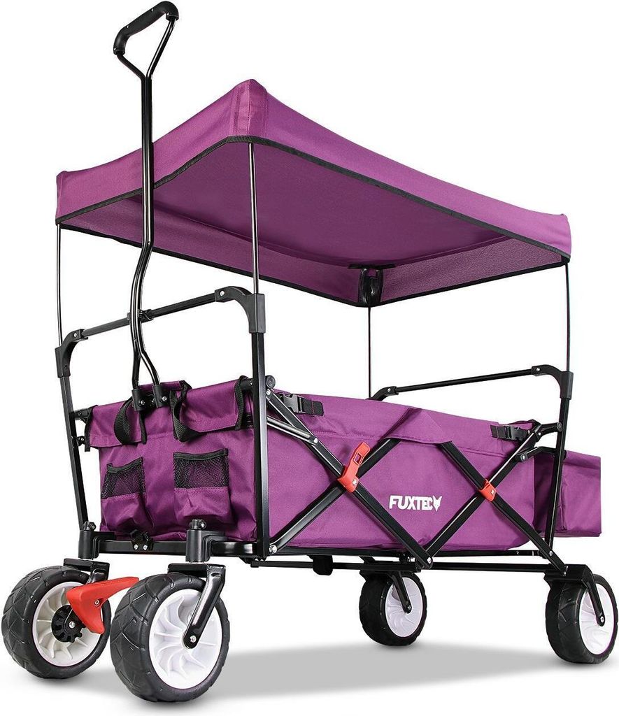 FUXTEC Bollerwagen Purpur FX-CT350 - mit Dach | Klappbar | bis 75Kg | inkl. Hecktasche | Feststellbremse | Vollprofilreifen | 122 cm x 60cm x 128cm...
