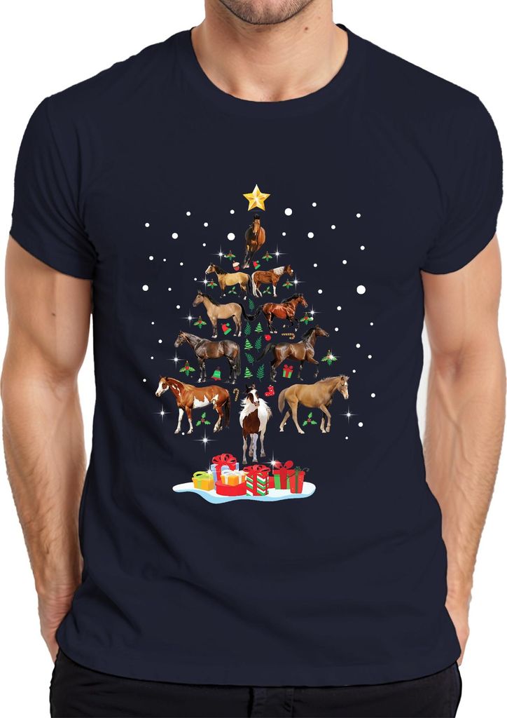 Pferde Weihnachtsbaum Geschenk Reiter Weihnachten Stern Schnee Herren T-Shirt, Navy, XL