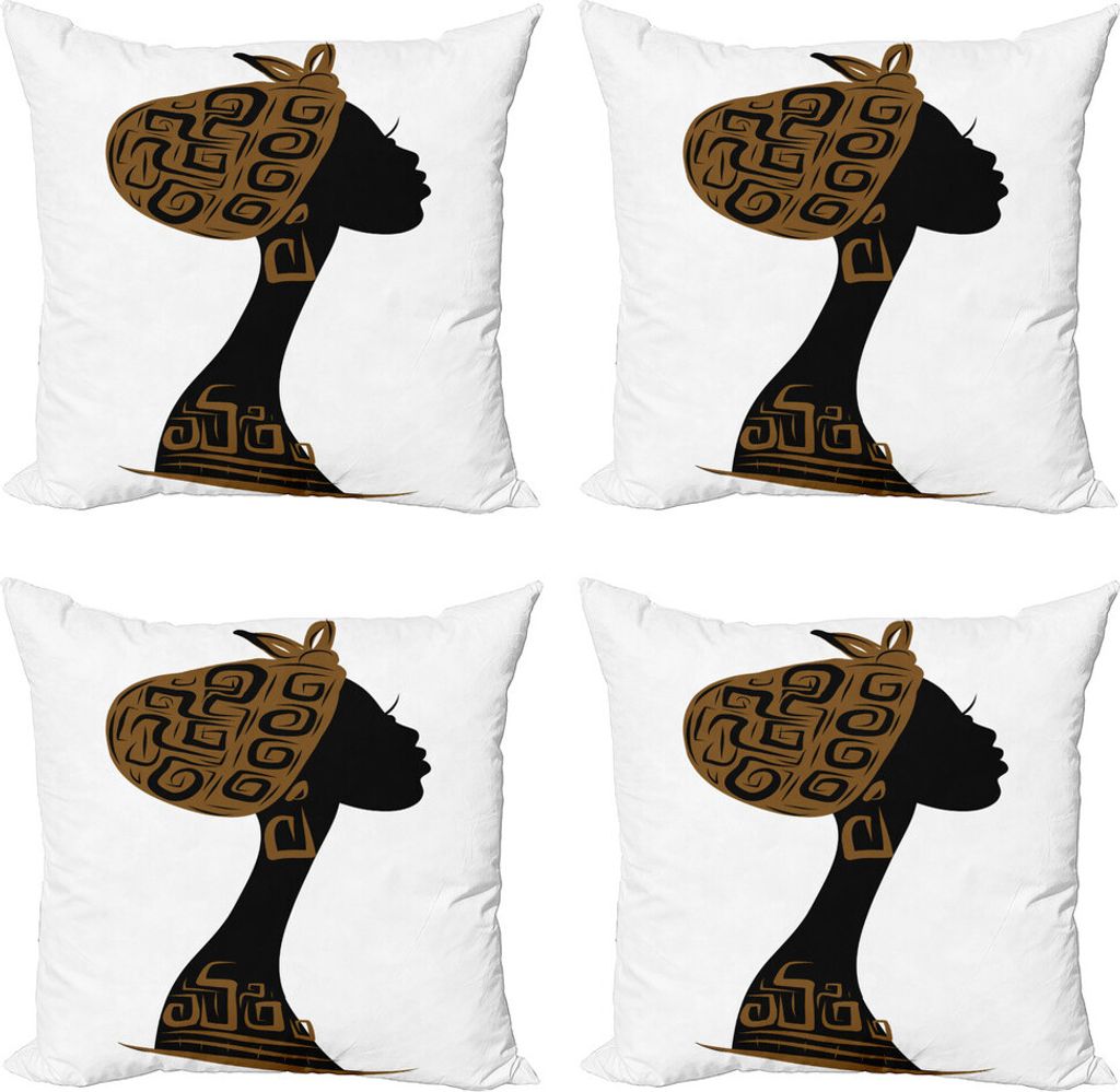 ABAKUHAUS afrikanisch Kissenbezug Set (4 Stück), Kopftuchs Profil, Moderner Doppelseitiger Digitaldruck, 40 cm x 40 cm, Braun Schwarz Weiß