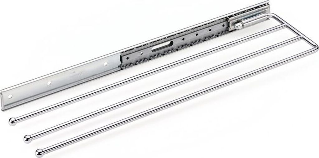 A chrome towel rack with three arms mounted on a sliding mechanism, isolated on a white background.
