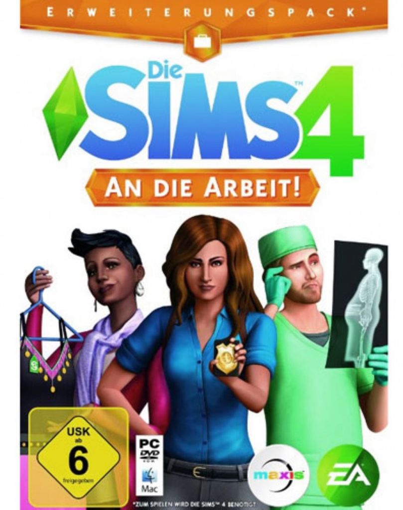 The image shows the packaging for the game 'Die Sims 4 - An die Arbeit!', featuring three characters in different professions.