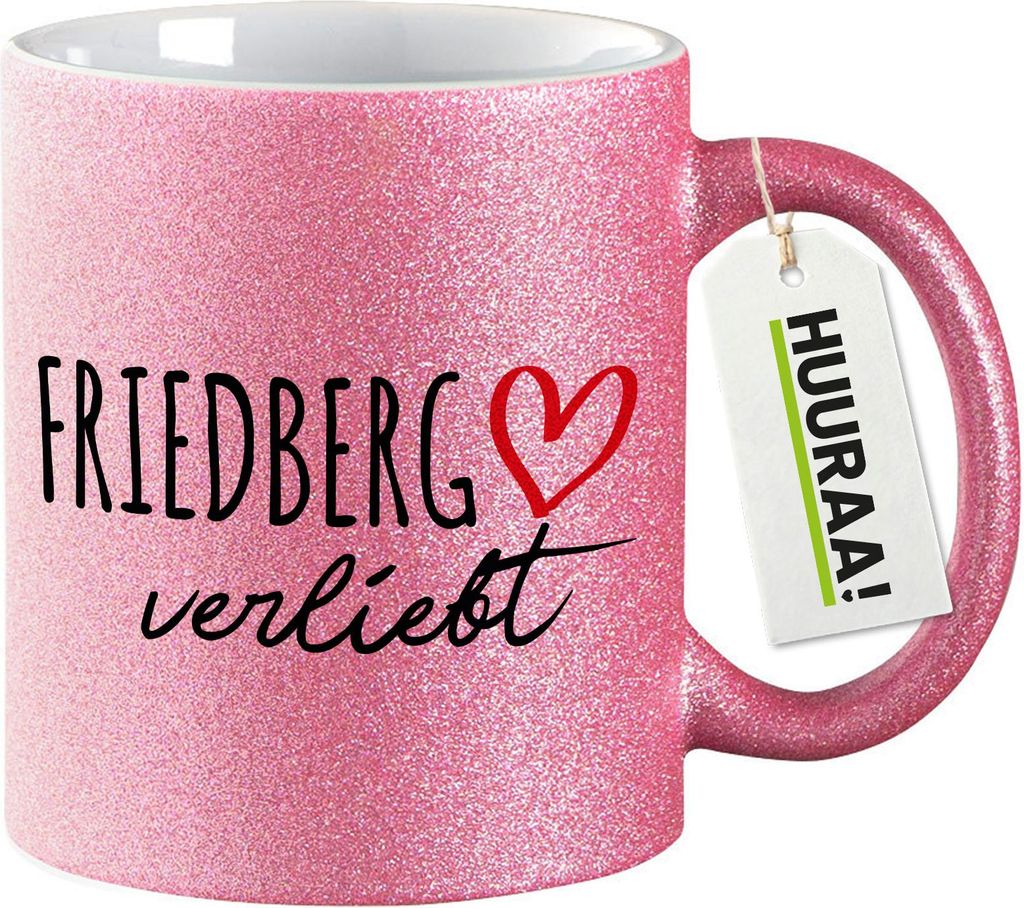 Huuraa Glitzertasse Friedberg verliebt 330ml Pink Keramik Kaffeebecher Geschenkidee