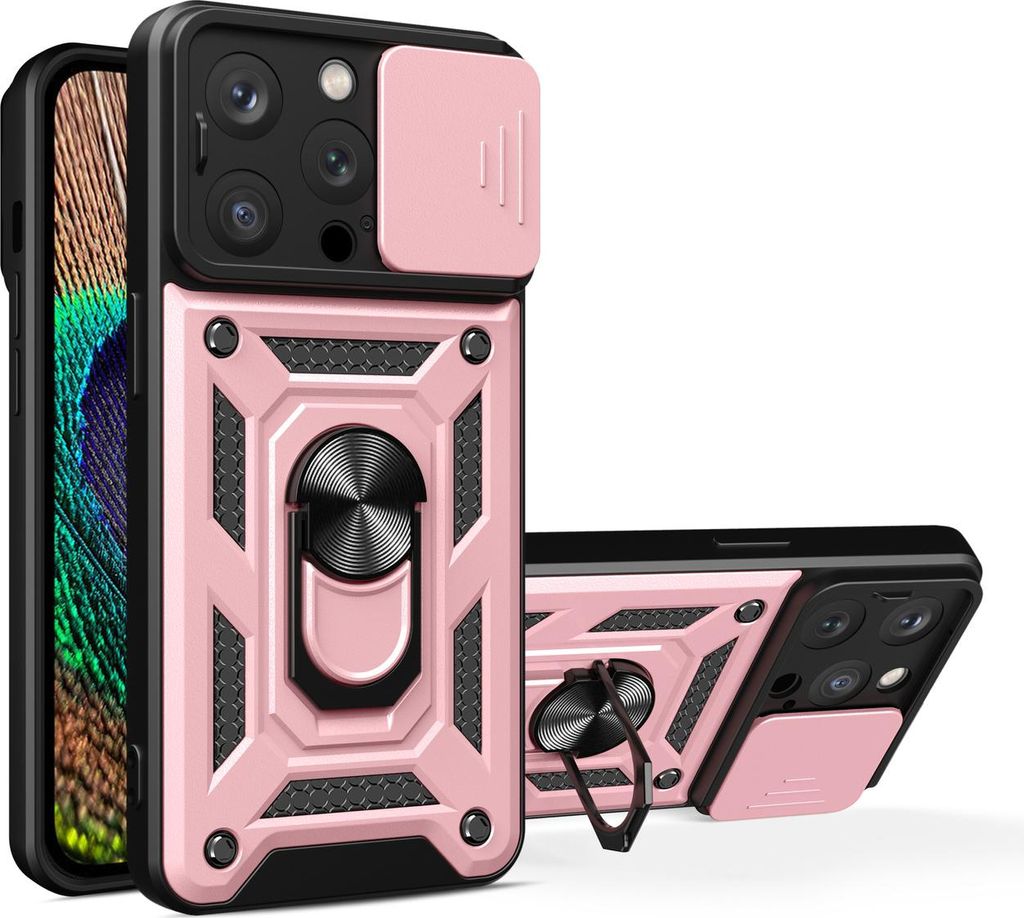 Hybrid Armor Camshield Hülle mit Ständer und Kameraabdeckung für iPhone 15 Pro Max - Pink