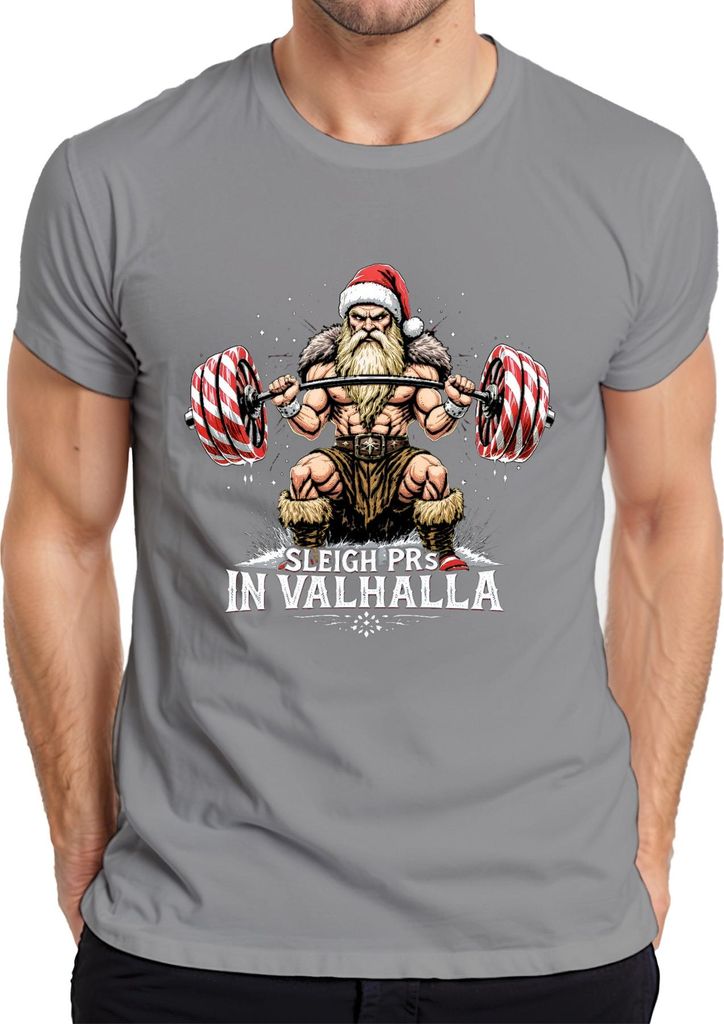 Sleigh PRs In Valhalla Powerlifting Weihnachtsmann Geschenk Gym Herren T-Shirt, Grau, XL