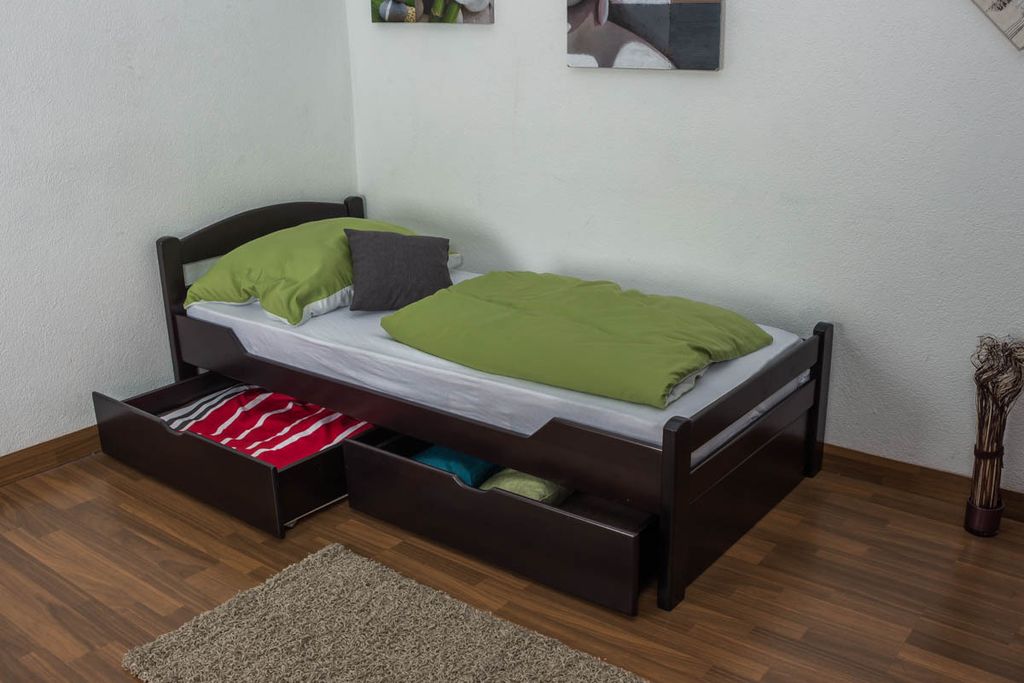 Einzelbett / Gästebett "Easy Premium Line" K1/2n inkl. 2 Schubladen und 2 Abdeckblenden, 90 x 200 cm Buche Vollholz massiv Schokobraun