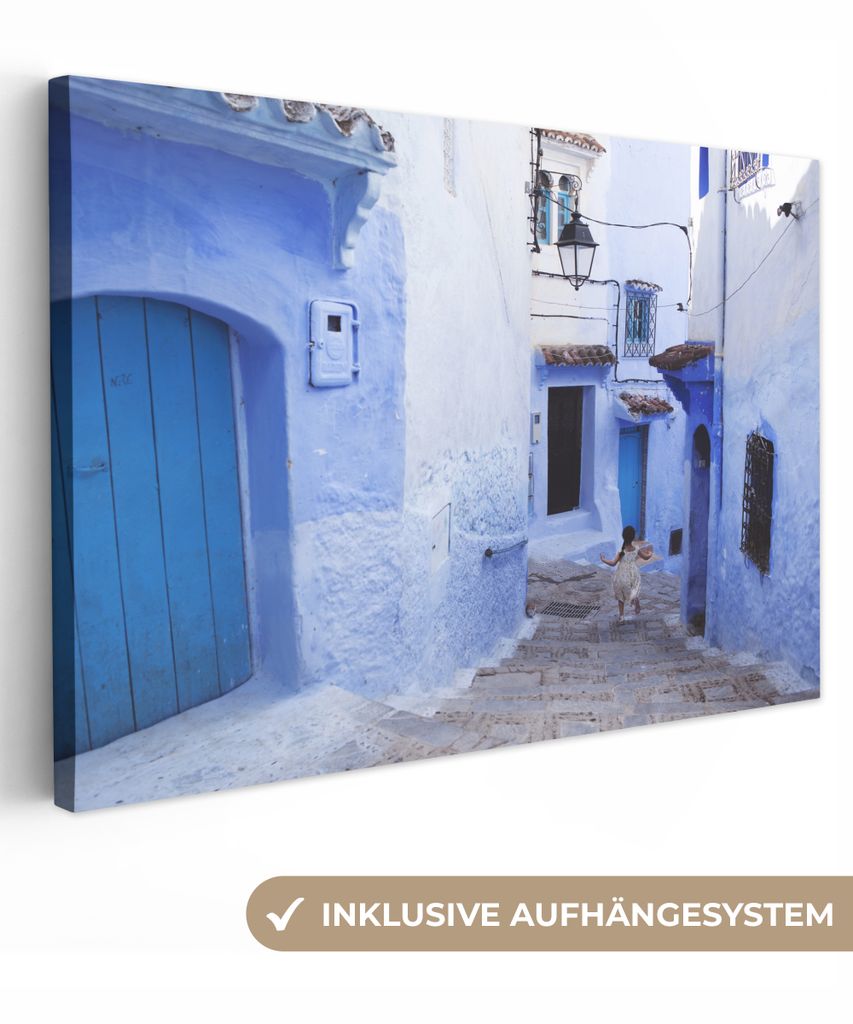 OneMillionCanvasses - Leinwandbilder - 150x100 cm, Straße - Blau - Türen - Häuser, Wandbilder Kunstdruck Wanddekoration - Foto auf Leinwand - ...