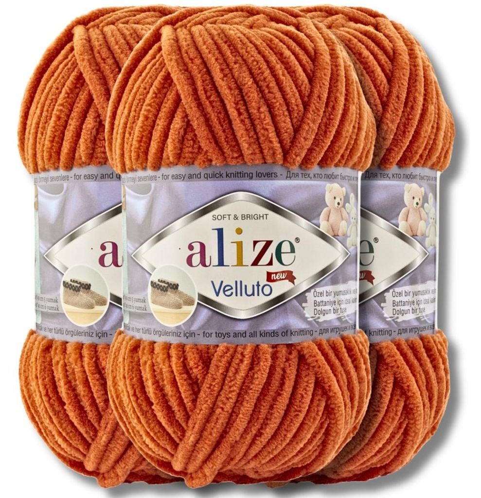 Alize 3x 100g Velluto dicke Wolle, Uni, Chenille, Häkeln, Stricken (Orange | 6)