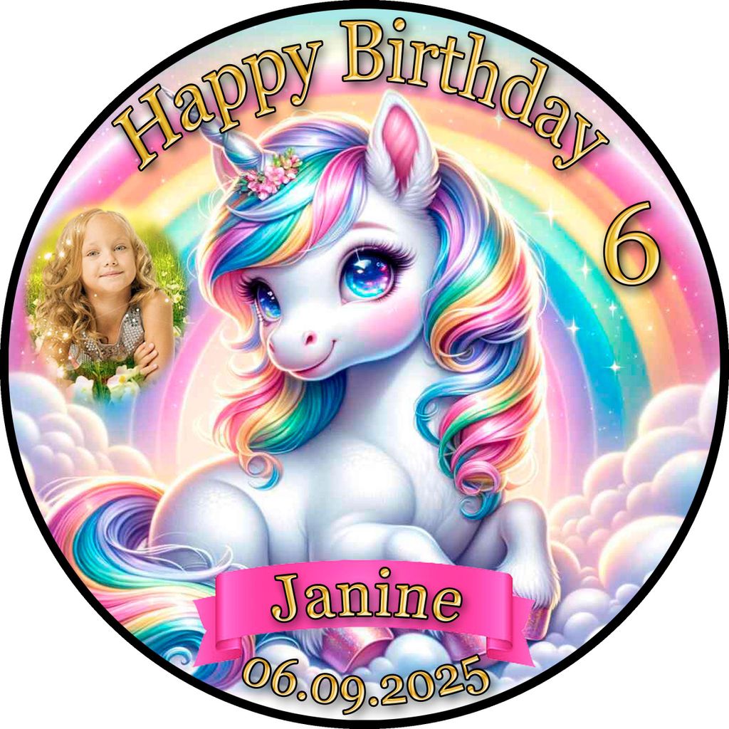 Tortenaufleger Tortendeko Fototorte Tortenbild Einhorn Pferd Regenbogen FT20 (Zuckerpapier) Rund 20 cm Ø mit Foto