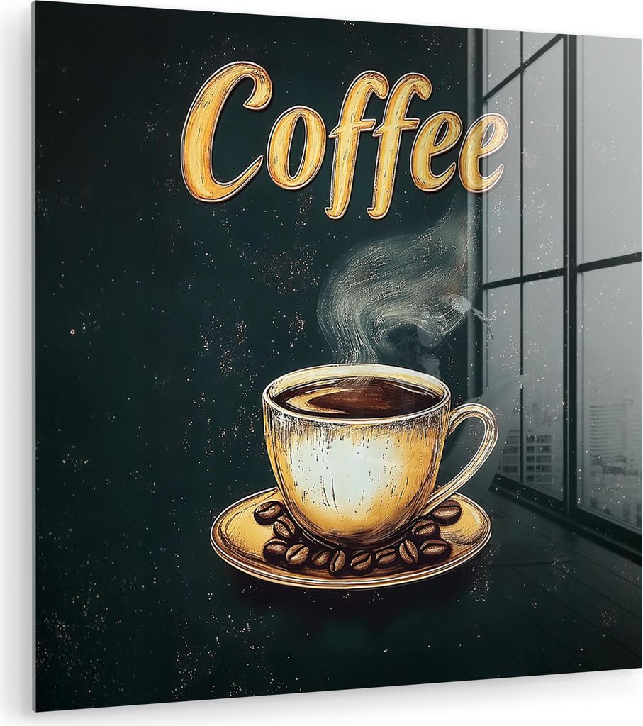 MuchoWow Glasbilder - Bilder auf Wandbild - Foto auf Glas Kaffee - Schale - Kaffeebohnen - Retro 90x90 cm Wanddekoration aus Glas - Acrylglasbild -...