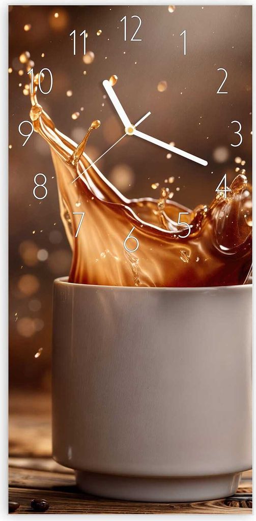 Wanduhr aus Glas mit Motiv Kaffee Spritzer- 30 x 60 cm - inkl. Aufhängesystem