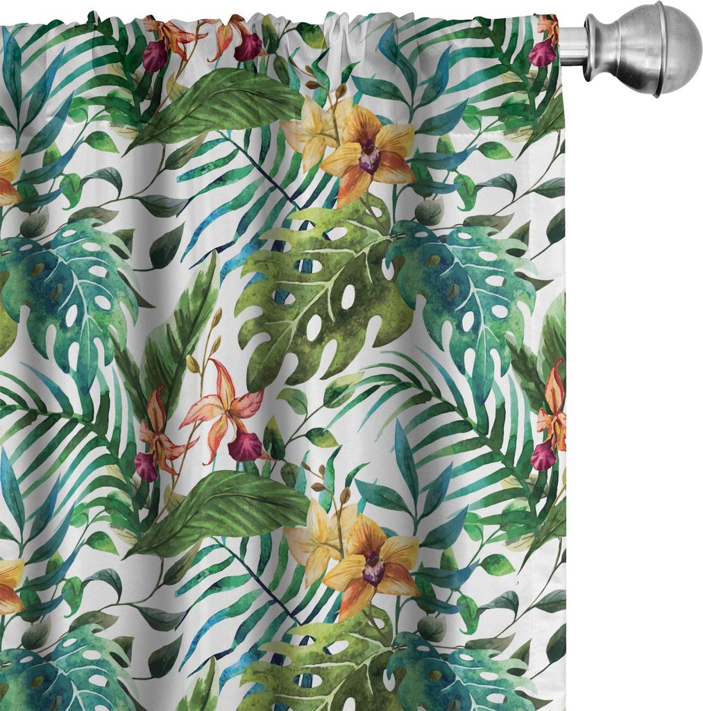 ABAKUHAUS Blatt Vorhänge, Gardinen, Vintage Retro 60er Jahre scheinen Bananen-Palme verlässt Blumen Hibiscus, 2 Stück 75 x 225 cm, Blasser Karam...