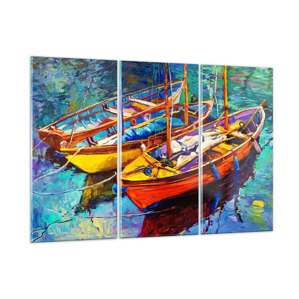 Bilder auf glas - Boote Bunt Angeln Wasser - 105x70cm - Glasbilder - Wandbilder - Kunstdruck - zum Aufhängen bereit - Wanddekoration aus Glas - Gl...