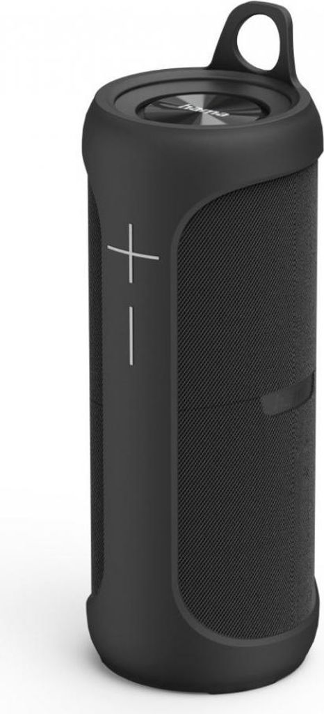 A black cylindrical Bluetooth speaker is shown against a white background.
