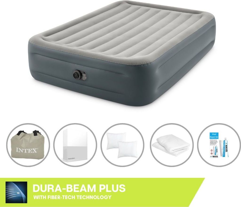 Intex Luftbett - 2 Personen - 152 x 203 x 46 cm - Grau - Mit eingebauter Pumpe + Spannbettlaken Weiß + Kopfkissen + Molton 2 in 1 Kissenbezüge + ...