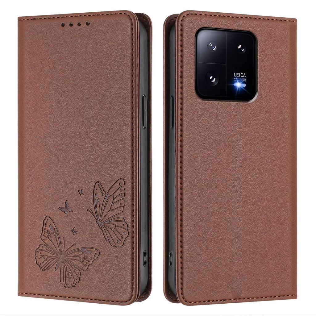 Lederhülle für Xiaomi 13 Pro, Schmetterling Prägung Leder Brieftasche Schutzhülle mit Ständer Braun
