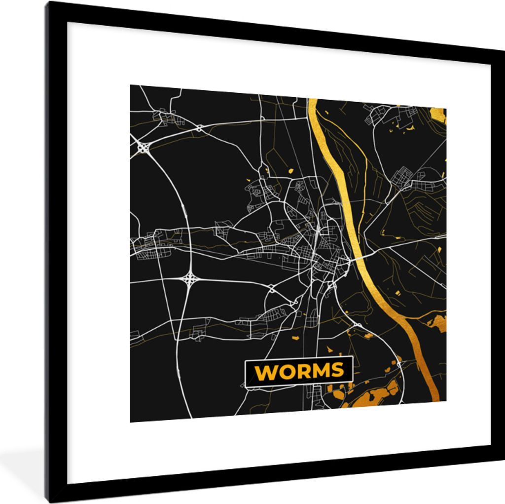 MuchoWow Gerahmtes Poster Stadtplan - Worms - Gold - Deutschland - Karte 40x40 cm - Poster mit Schwarzem Bilderrahmen Wandposter Rahmen Foto Bild...