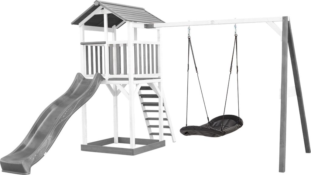 AXI Beach Tower Spielturm aus Holz in Weiß & Grau | Spielhaus für Kinder mit grauer Rutsche, Nestschaukel und Sandkasten | Stelzenhaus für den G...