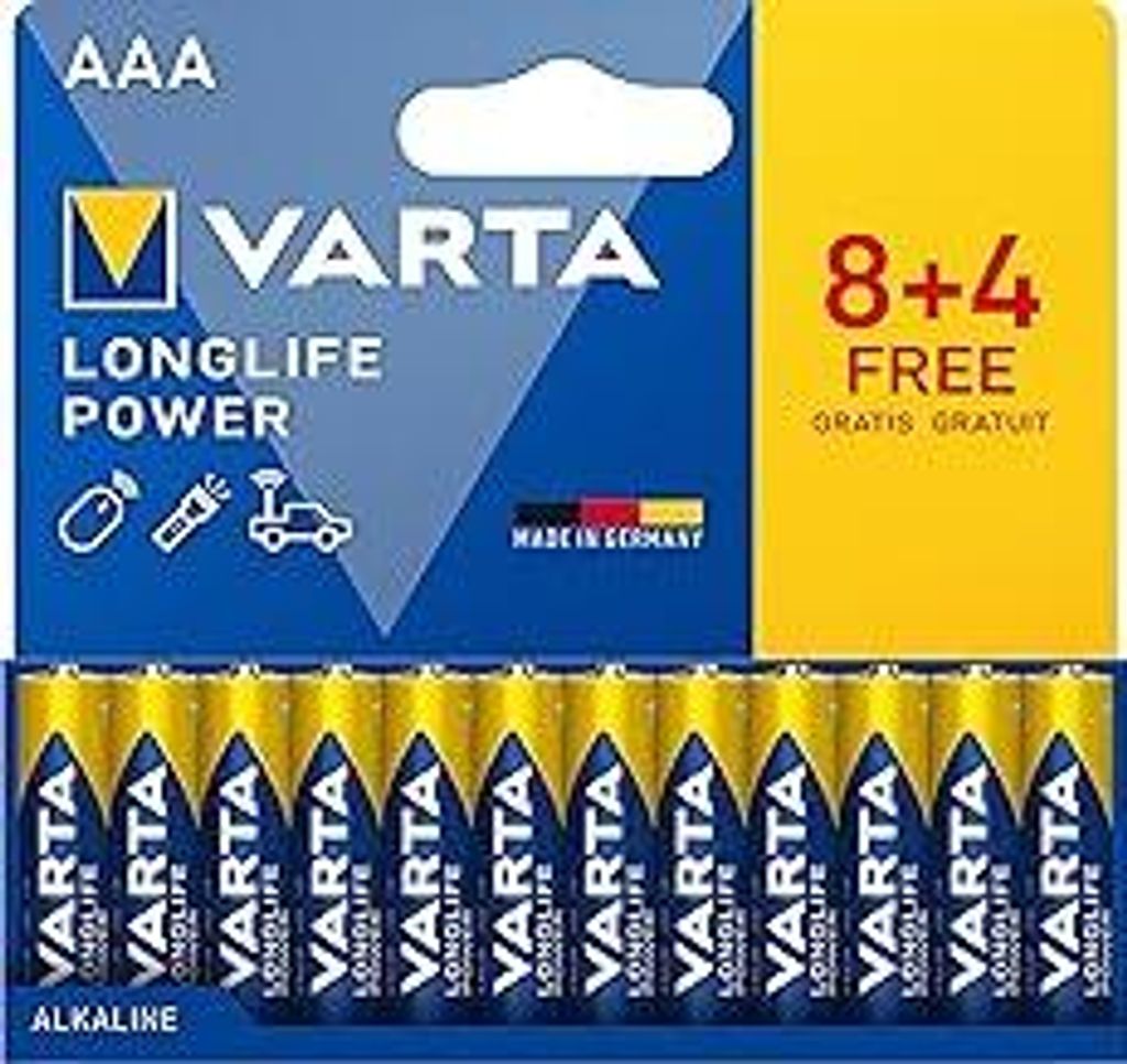 VARTA Batterien AAA, 8+4 (12 Stück), Longlife Power, Alkaline, 1,5V, ideal für Spielzeug, Funkmaus, Taschenlampen, Verpackung zu 90% recycelt, G...