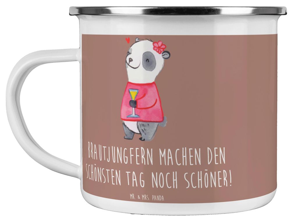 Mr. & Mrs. Panda Teetasse Brautjungfern Wunder - Braun Pastell - Geschenk, Campingtasse, handgefertigt, Heirat, Engagement, Beistand, Emaille Beche...