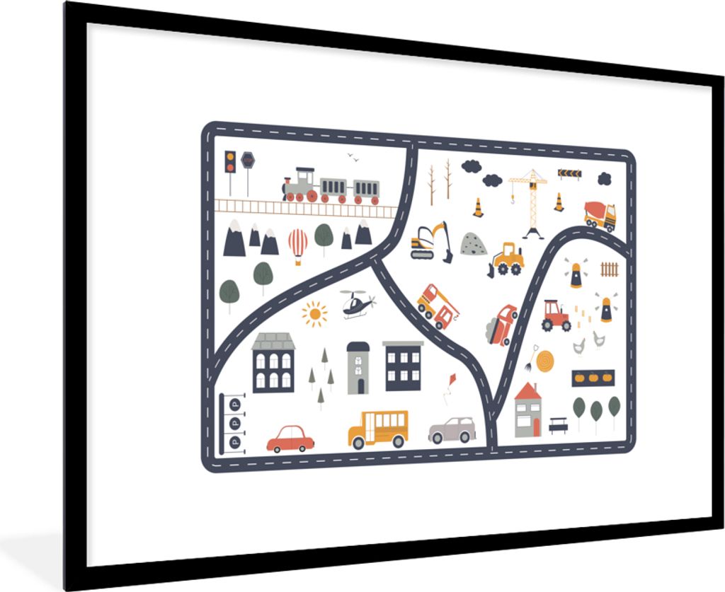 MuchoWow Gerahmtes Poster Auto - Kinder - Gebäude 90x60 cm - Poster mit Schwarzem Bilderrahmen Wandposter Rahmen Foto Bilder - Wanddekoration - ...