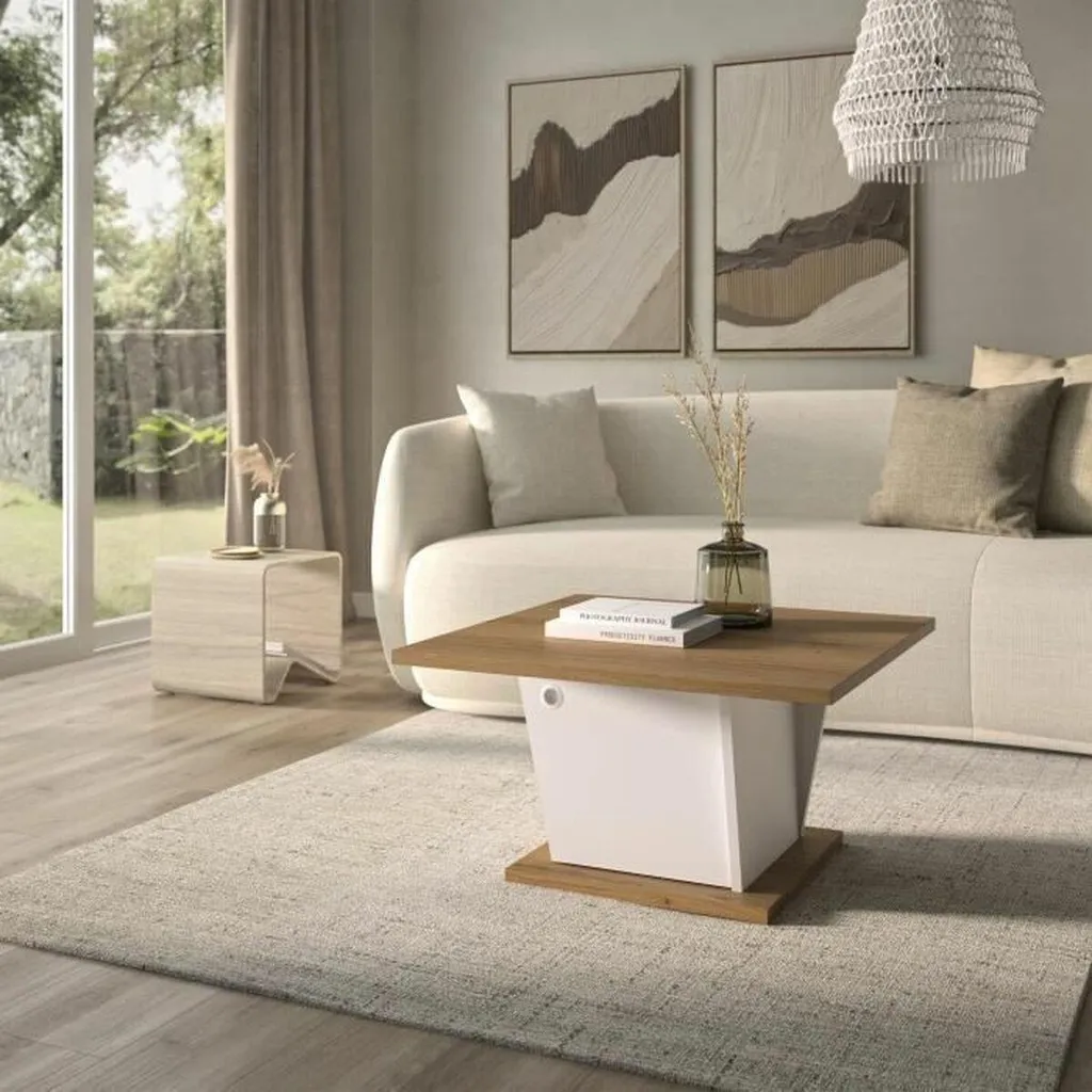 Table Basse Diagone Blanc et Chêne 69x69x38 cm - Design Contemporain