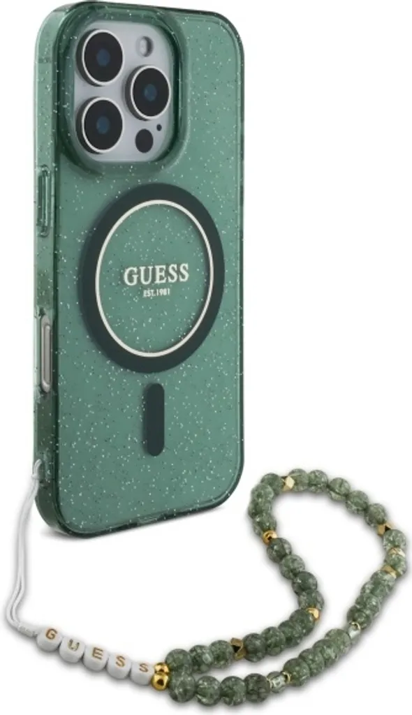 Custodia iPhone 16 Pro Guess Verde Glitter con Perle MagSafe - 3