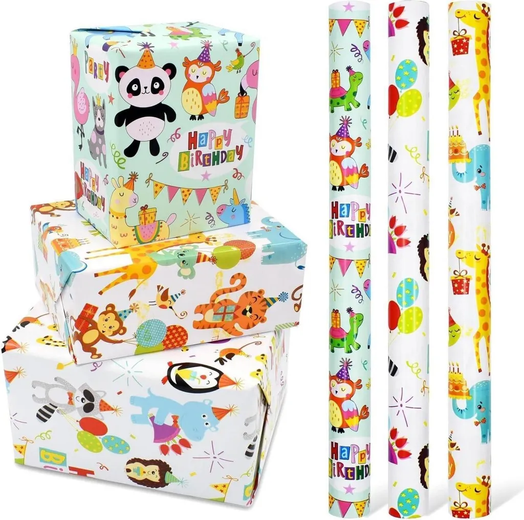 Papier Cadeau Anniversaire Garçon Animaux - Kit de 3 Rouleaux 43cm