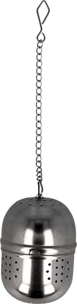 A silver tea infuser with a chain and hook is shown against a white background.