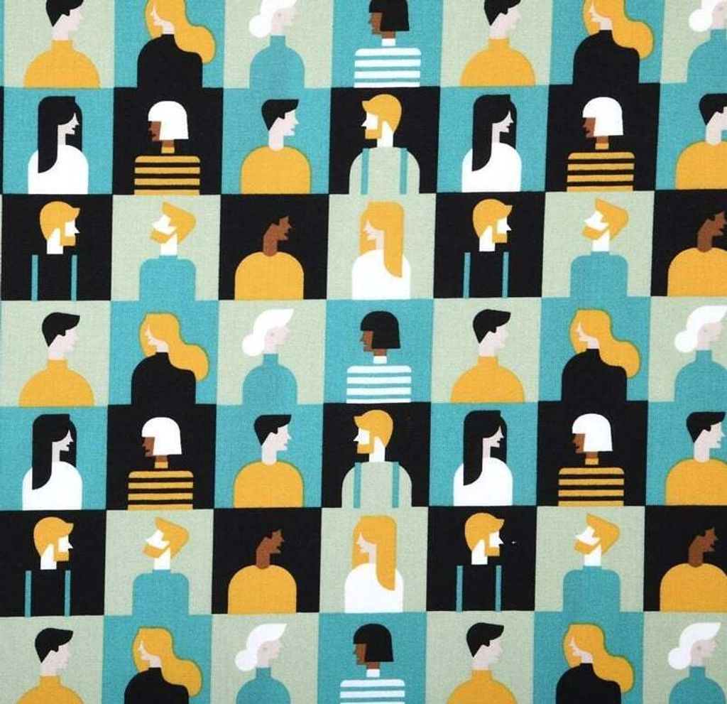 Baumwollstoff Citizen Personen türkis gelb schwarz 1,40m Breite