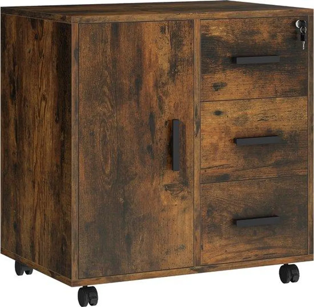 Meuble Dossiers Bureau 3 Tiroirs Mobile Bois Brun Rangement Gain de Place