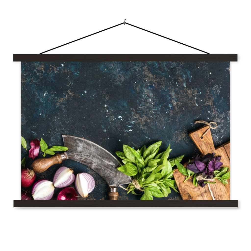 MuchoWow Textilposter Gemüse - Kräuter - Wiegemesser - Zwiebel - Gewürze - Rustikal 120x80 cm mit schwarzem Rahmen - Wanddeko