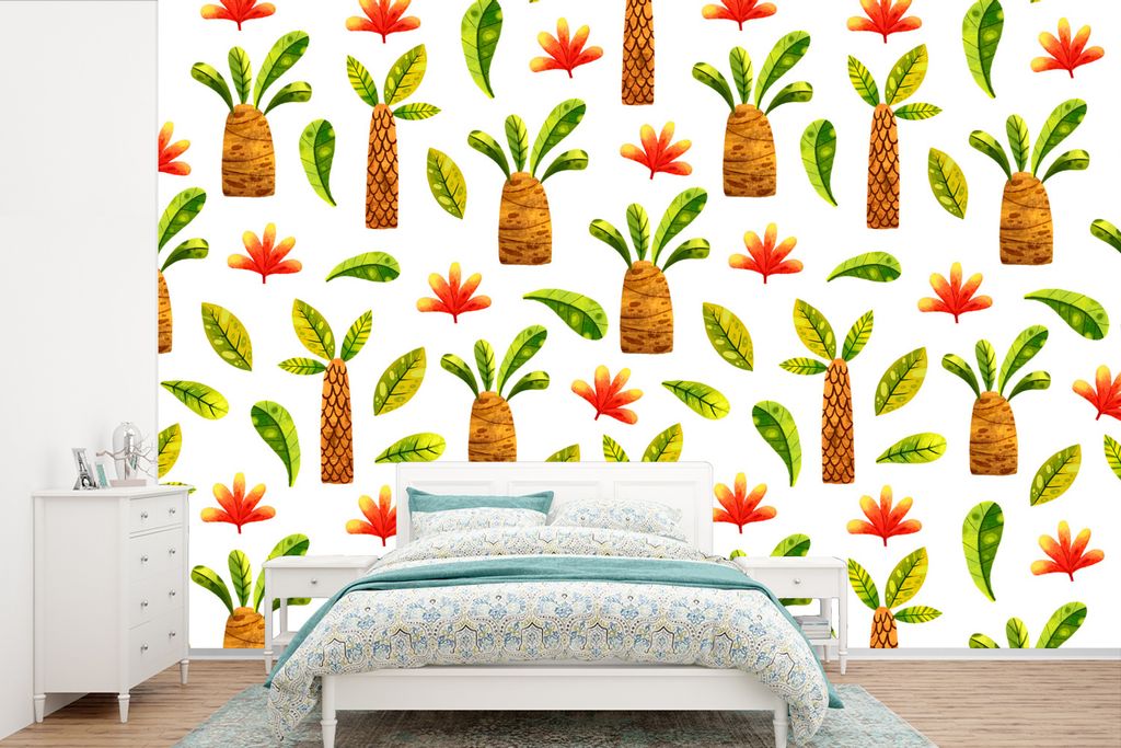 MuchoWow Fototapete für Wohnzimmer oder Schlafzimmer Wandtapete Vinyl Motivtapete Dschungel - Blätter - Muster - 420x280 cm - Zimmer für Kinder