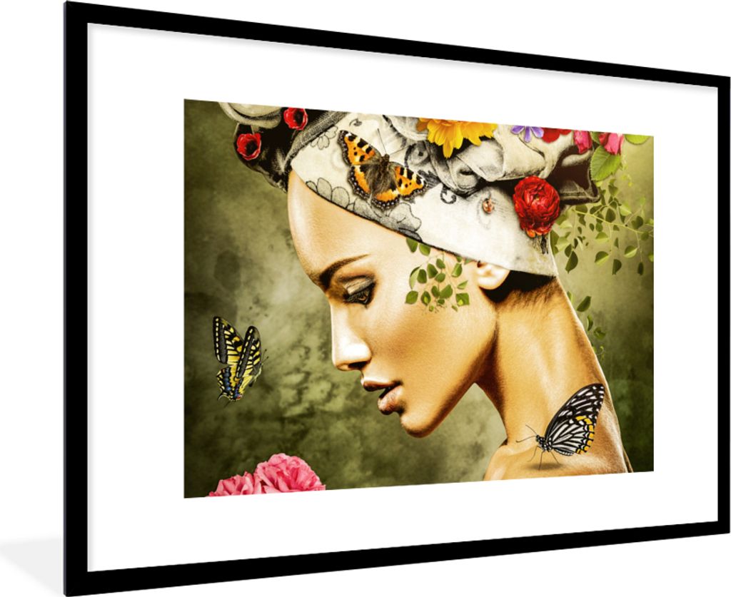 MuchoWow Gerahmtes Poster Frau - Blumen - Farben - Schmetterlinge - Rosen - Kopftuch 90x60 cm - Poster mit Schwarzem Bilderrahmen Wandposter Rahm...