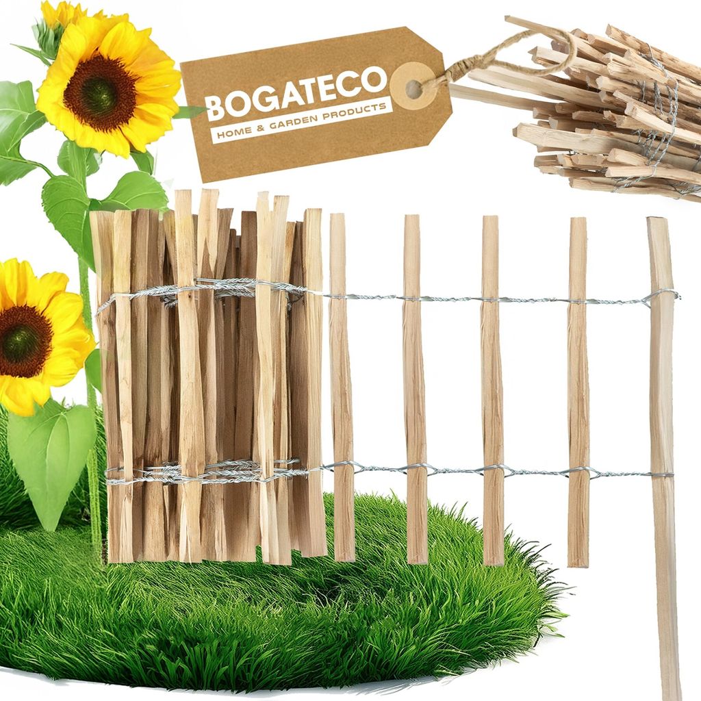 BOGATECO Haselnuss Roll-Steckzaun aus Holz Natural imprágniert | 35cm Hoch & 500cm Lang | Lattenabstand 4-5cm