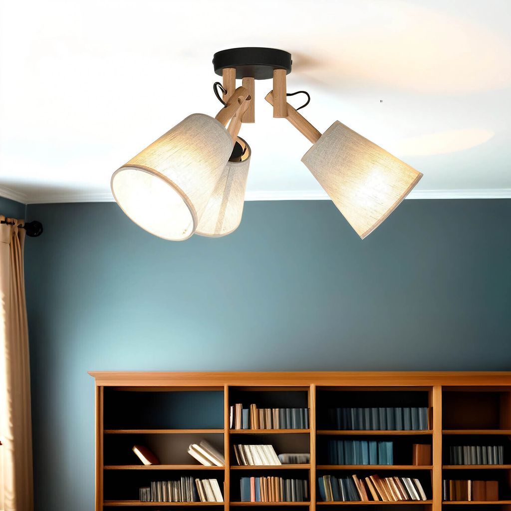 Deckenlampe Stoff Holz Metall B: 46 cm H: 30 cm E27 3-flammig Deckenleuchte Wohnzimmer Esszimmer