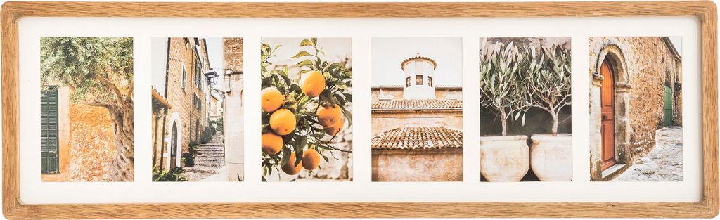 A collage of six photos depicting Italian-style scenes, including buildings, trees, and fruit, framed in a wooden border.