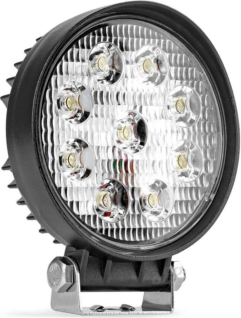 A close-up studio shot of a round LED work light with a black housing and a silver bracket.