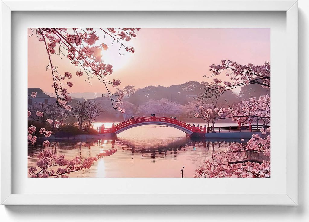 Kirschblüten und Brücke - japanischer Stil– Wandbild mit Rahmen – Gerahmtes Bild – Wanddekoration – 60x40 cm – Schwarz Rahmen