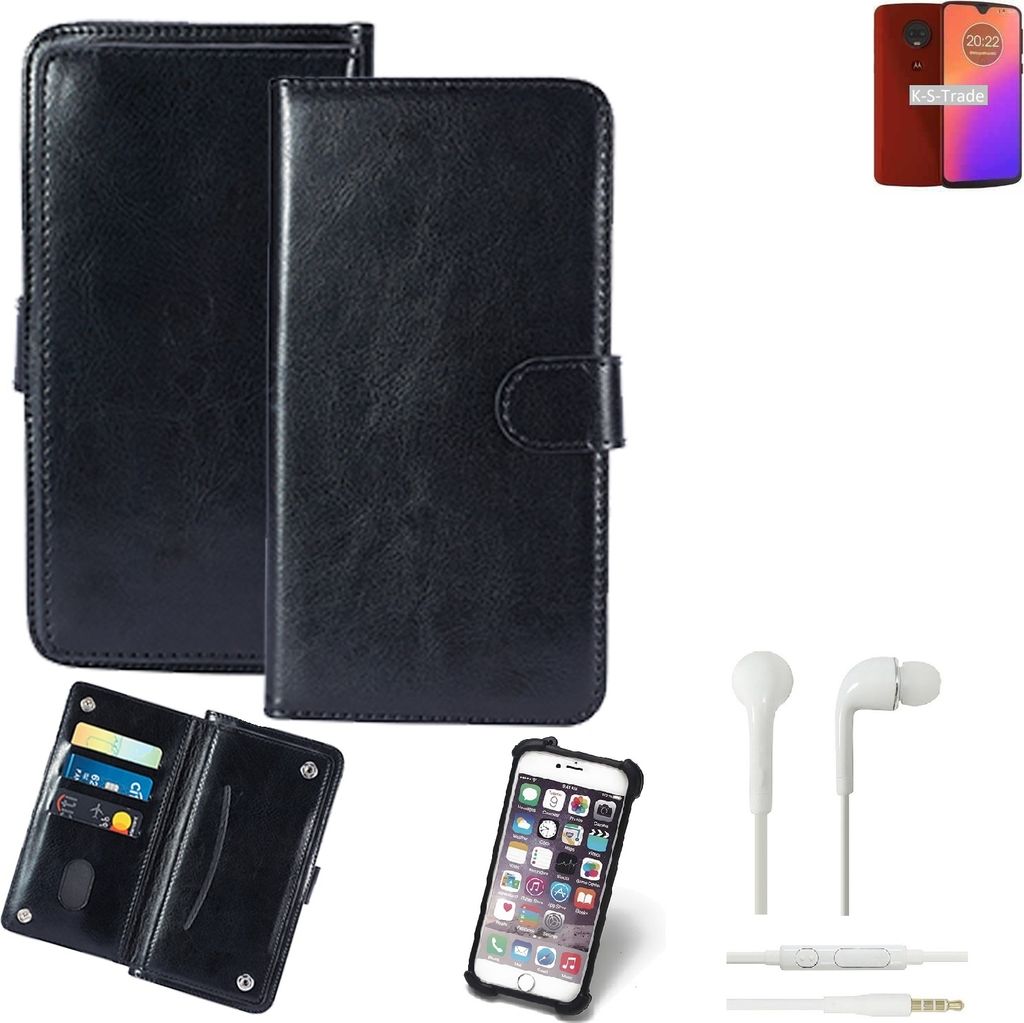 K-S-Trade 360° Hülle kompatibel mit Motorola Moto G7 Plus inkl. Headphones schwarz Kunstleder Case BookCase WalletCase Kunstlederederhülle