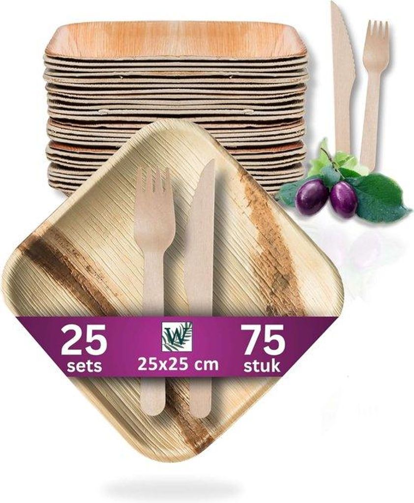 Palmblad Bord - 25 Grote Borden, Messen en Vorken - Composteerbaar Wegwerp Servies - Milieuvriendelijke Wegwerp Borden aus Palmblatt - 25 Stück