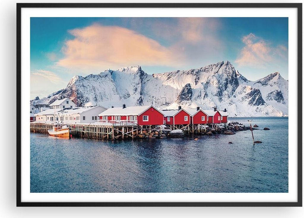 Gerahmtes Poster - Schwarzer Rahmen - Lofoten Dorf Angeln - 100x70 cm - Wand Bild - Wanddeko - Wandbilder - Kunstposter - Wandposter - Bilderrahmen...