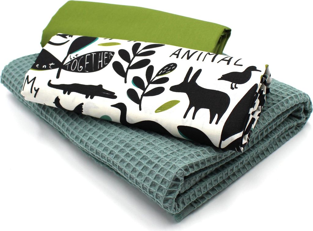Animals Set13 Waffelstoff Set 1x Waffelstoff + 2x Baumwollstoff Druck und Uni je 0,5m x 1,5m Stoffpaket DIY Projekt