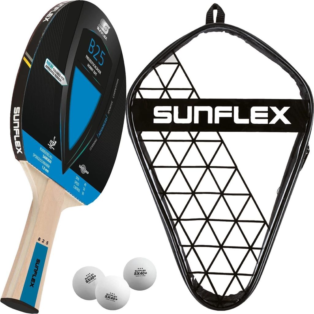 Sunflex B25 Tischtennisschläger + Tischtennishülle Single Case + 3*** ITTF SX40+ Tischtennisbälle | Tischtennisschlägerset | Tischtennis Hobby Set