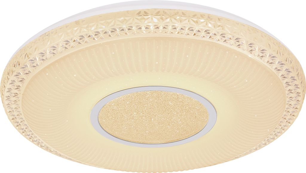 A white ceiling light with a decorative patterned edge and a textured central area.