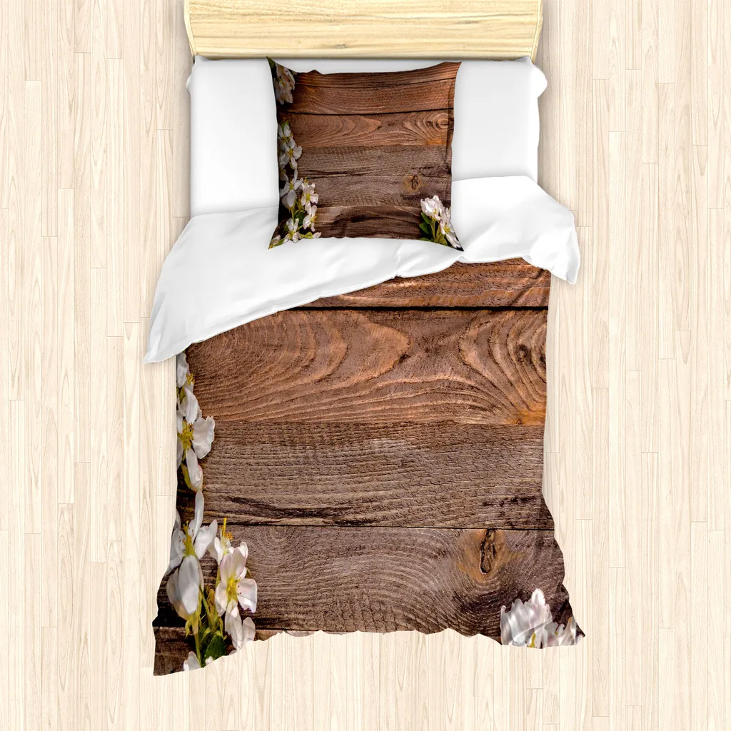 ABAKUHAUS Set copripiumino rustico in legno per letti singoli, motivo floreale bianco, antiacaro e anallergico con federa, 135 cm x 200 cm - 80 x 80 cm, marrone avorio e verde