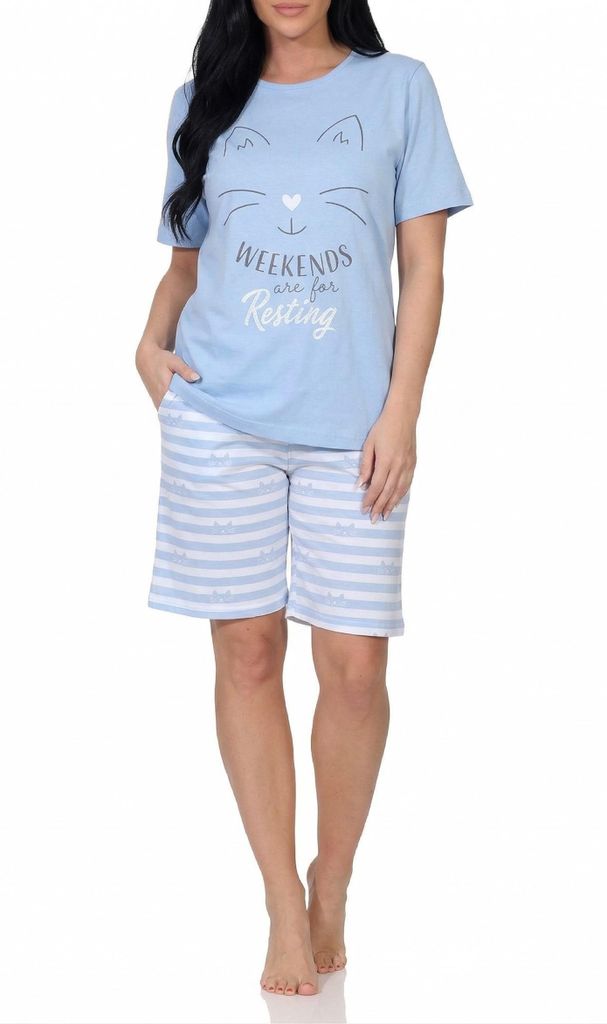 Normann Damen kurzarm Schlafanzug Shorty Pyjama in Katzen Optik – auch in Übergrößen ; hellblau , 48