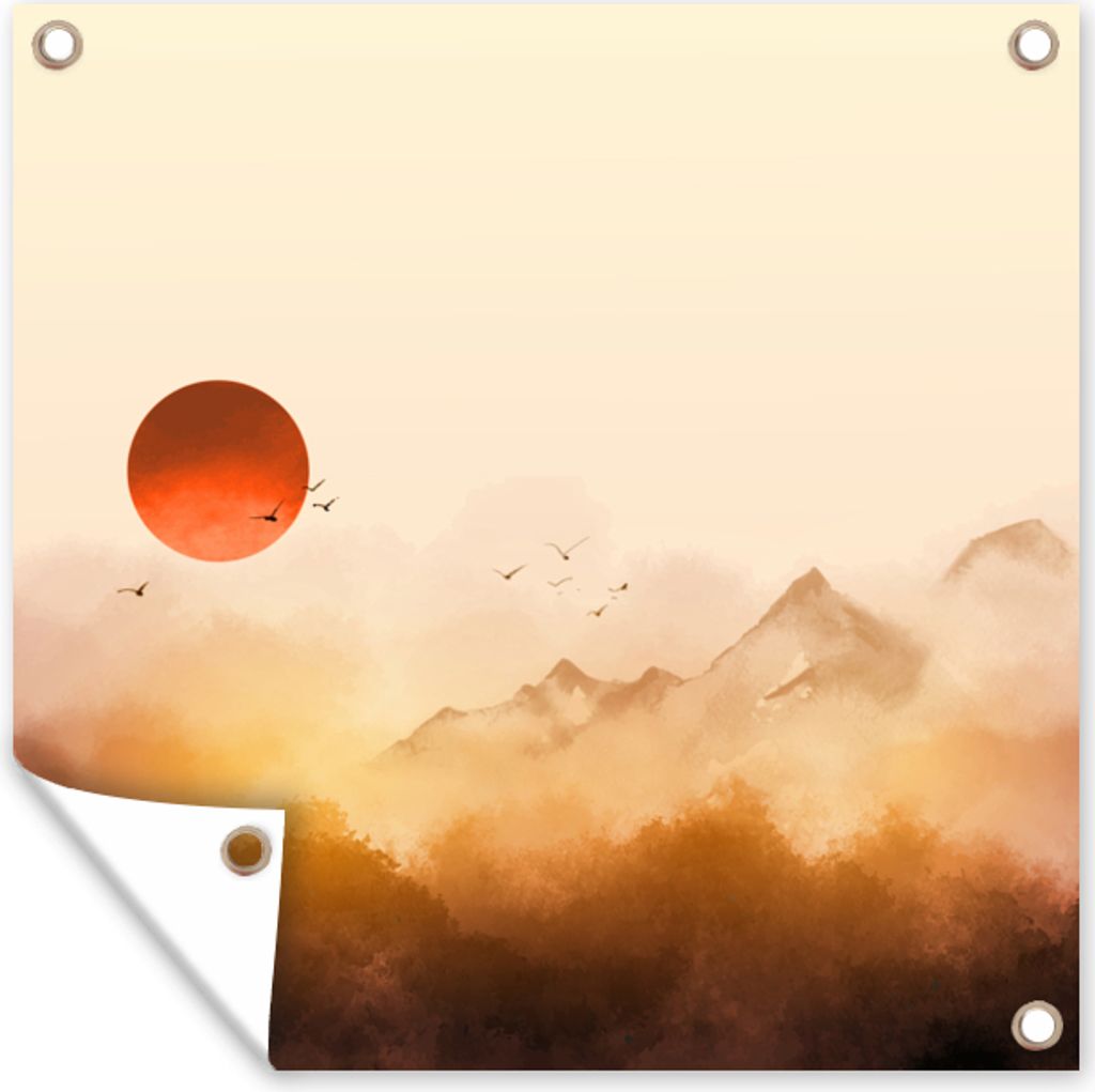 MuchoWow 100x100 cm Outdoor-Poster Gartendeko Sichtschutz Garten Poster für den Garten Malerei - Sonne - Landschaft - Vögel