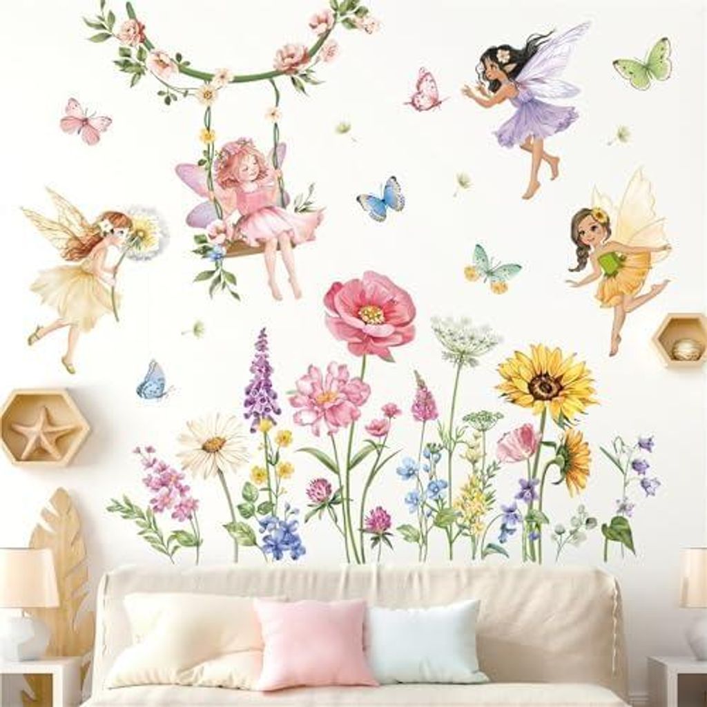 decalmile Wandtattoo Mädchen Feen Blumen Wandaufkleber Schmetterling Wildblumen Elfen Wandsticker Babyzimmer Kinderzimmer Schlafzimmer Wanddeko