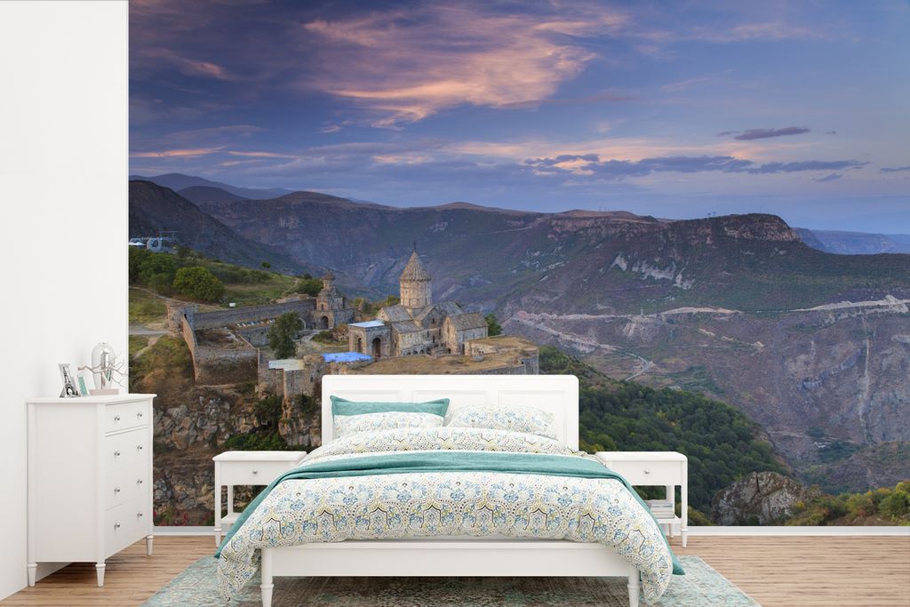 MuchoWow Fototapete für Wohnzimmer oder Schlafzimmer Wandtapete Vinyl Motivtapete Sonnenaufgang in einem Kloster in Armenien - 330x220 cm - Foto...